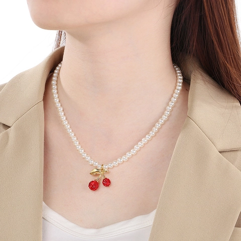Collana Künstliche Perle Artificiali Pendente Ciliegia Rossa Donna Moda Acciaio Inossidabile Resina Strass Gioiello Dolce