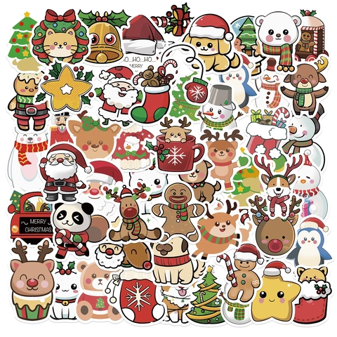 Autocollants de Noël en Dessin Animé Imperméables en Vinyle PVC Motifs Assortis pour Ordinateur Bouteille d'Eau Scrapbook Bagage Décoration DIY de Vacances