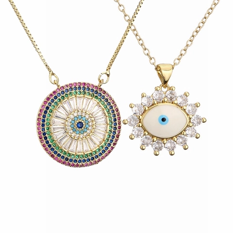 Boze Oog Hanger Ketting Rond Koper Micro Ingelegde Zirkonia Geometrische Bescherming Sieraden Voor Vrouwen