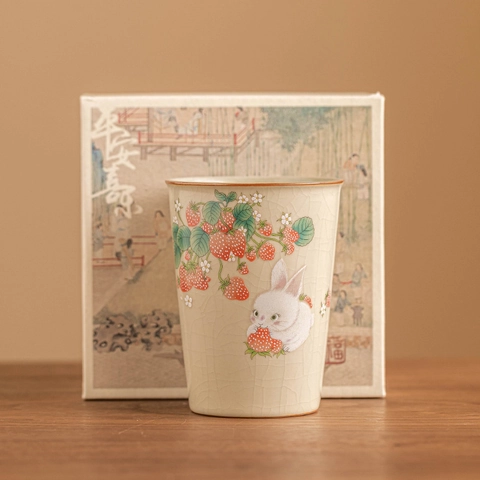 Tazza Da Tè In Ceramica Ru Kiln Smalto Craquelé Fragola Coniglio Dipinta A Mano Mug Personale Stile Cinese Vintage