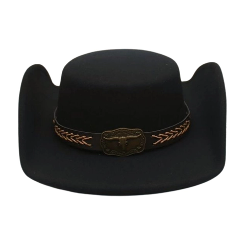 Western Cowboy Hat Felt Braided Leather Belt Metal Steer Skull Retro Ethnic Wide Brim Fedora Unisex Vintage Style