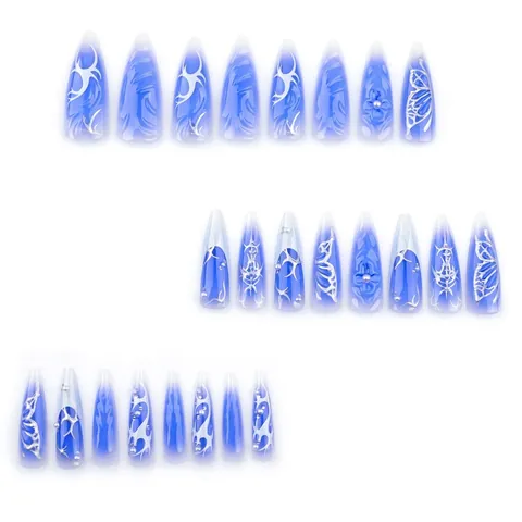 Unghie Finte Stiletto Extra Lunghe Press On Sfumato Blu Bianco Fiore 3D Farfalla Argento Künstliche Perle Per Donne