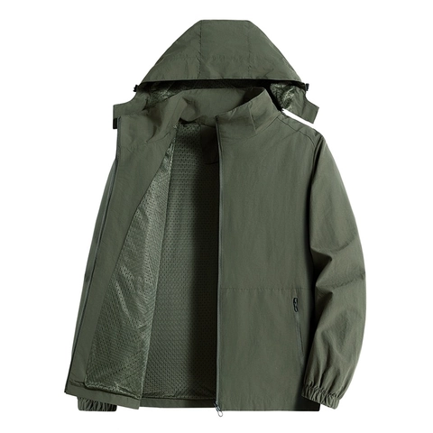 Men Hooded Windbreaker Jacket Lightweight Breathable Polyester Mesh Lining Zip Up Outdoor Casual Plus Size Coats