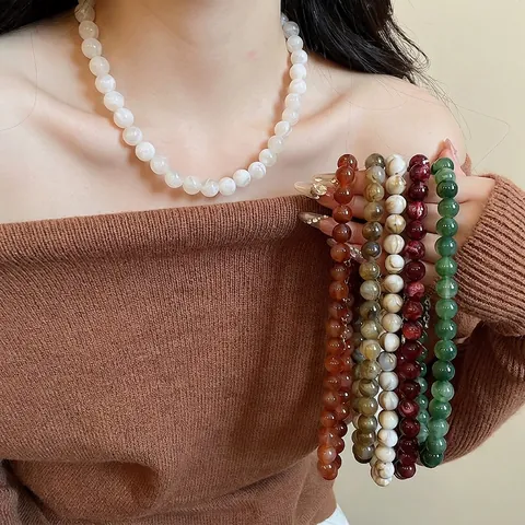 Retro Ethnische Acryl Rundperlen Kette Und Armband Schmuck Für Damen Mit Marmor Textur Legierung Verschluss