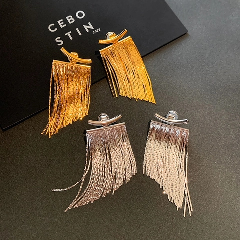 Curved Bar Long Fringe Tassel Earrings With 925 Sterling Silver Earring Post Fashion Metallic Jewelry For Women
