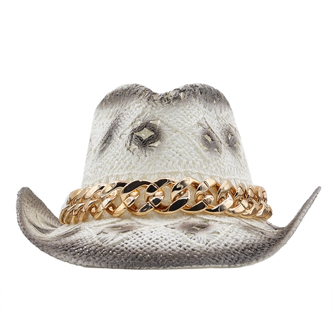 Women Paper Straw Cowboy Hat Gradient Hollow Out Breathable Beach Sun Hat With Chunky Gold Metal Chain Wide Brim