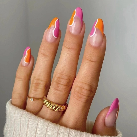 Press On Nails Mandelform Lang Französischer Stil Rosa Orange Weiß Wellenmuster Abstrakt Minimalistisch Künstliche Fingernägel