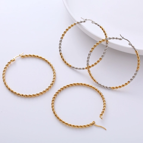 Pendientes De Aro De Cuerda Retorcida Círculo Grande De Acero Inoxidable Joyas De Moda Geométricas En Oro Y Plata Elegante