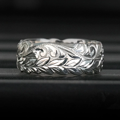 Vintage Blad Rank Gesneden Koperen Ring Brede Band Witgoud Verguld Hawaïaanse Stijl Huwelijksverjaardag Cadeau Voor Vrouwen