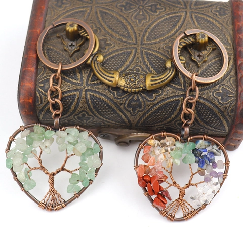Heart Tree Of Life Keychain Natural Crushed Stone Copper Wire Wrapped Handmade Retro Bohemian Bag Pendant Gift