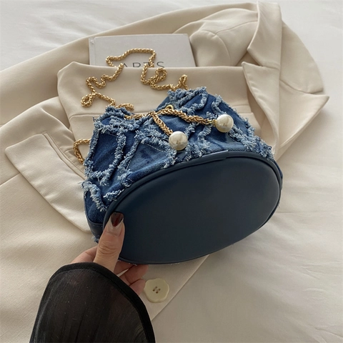 Quilted Fringe Denim Bucket Bag With Metal Chain Strap And Artificial Pearl Charm Drawstring Fashion Shoulder Bag For Women