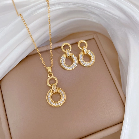 Double Interlocking Circle Necklace And Earrings Titanium Steel Copper Cubic Zirconia Jewelry With Silver Earring Post Elegant Women