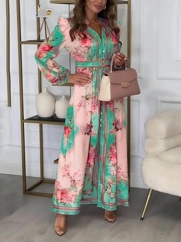 Floral Printed Maxi Dress Polyester Elegant V Neck Long Sleeve Button Up High Waist Bohemian Style For Women