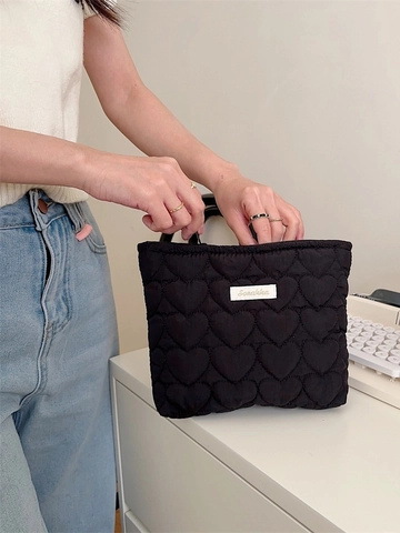 Quilted Heart Pattern Cosmetic Bag Padded Cotton Clutch Handbag For Women Makeup Organizer Travel Toiletry Storage Bag