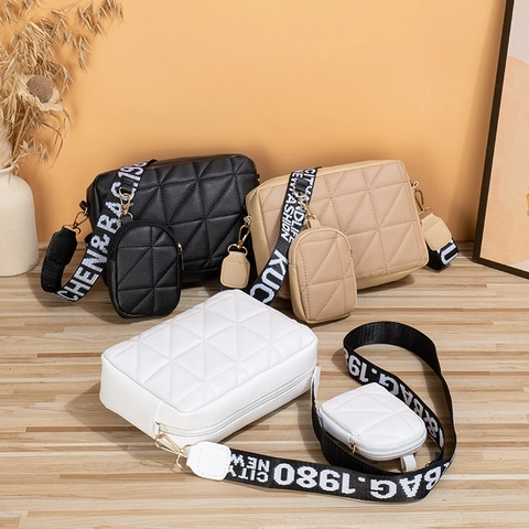 Women Quilted Crossbody Bag PU Leather Wide Letter Strap With Removable Round Pouch Camera Bag Casual Fashion