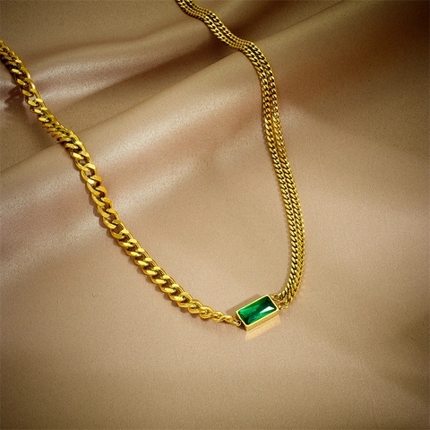 Edelstahl Grüne Strass Halskette Armband Ohrringe Für Damen Vergoldet Rechteckige Smaragd Stil Mode Schmuck
