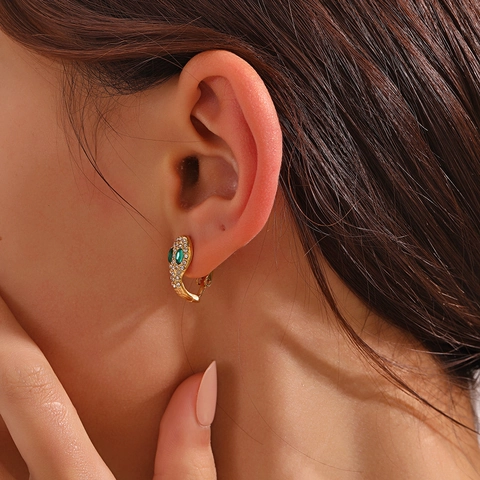 Snake Hoop Earrings Gold Plated Stainless Steel Retro Animal Design Black Green Zircon Sparkling Jewelry Women