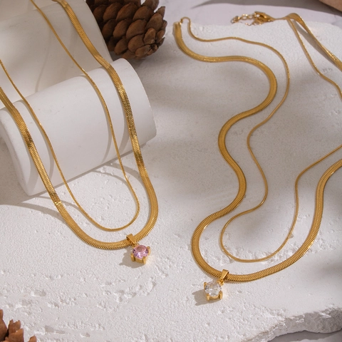 Collier Multi-Rangs Acier Inoxydable Plaqué Or 18K Pendentif Zircone Chaîne Serpent Imperméable Hypoallergénique Femmes