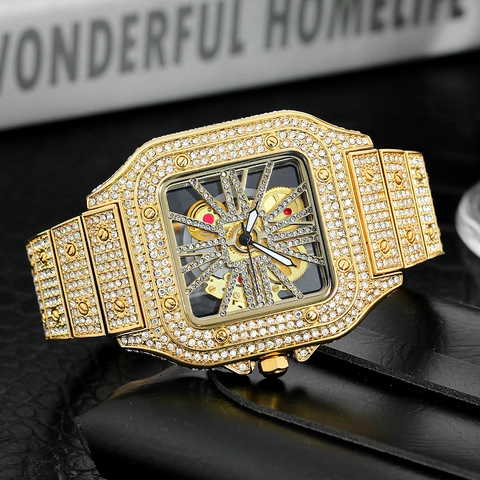 Orologio Quadrato Iced Out Da Uomo Lusso Quadrante Scheletro Intarsio Strass Hip Hop Placcato Oro Acciaio Inossidabile Quarzo