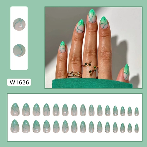 Almond Shape Press On Nails Green Ripple Wave Gradient Glitter Artificial Fingernails For Women