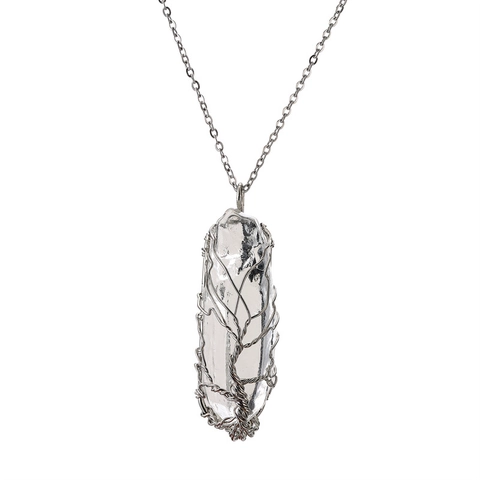 Tree Of Life Crystal Point Necklace Wire Wrapped Natural Stone Pendant Stainless Steel Chain For Women Healing Jewelry