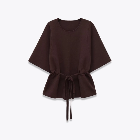 Women Elegant Round Neck Knit Top Half Puff Sleeve Solid Color Waist Tie Polyester Sweater Casual