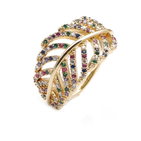 Leaf Shaped Adjustable Open Ring Copper Colorful Zircon Micro Pave Fashion Jewelry For Women Girls Gift
