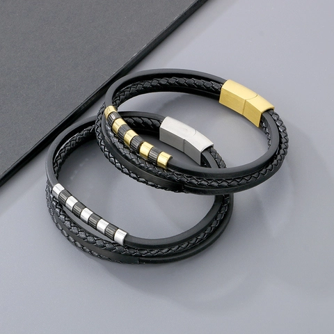 Heren Multi Layer Gevlochten Leren Armband Roestvrij Staal Magnetische Sluiting Punk Vintage Minimalistische Sieraden