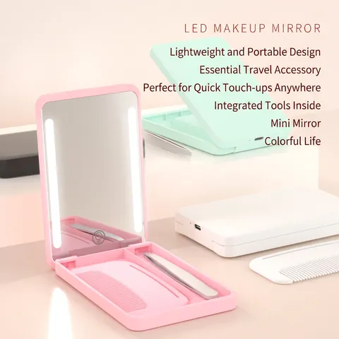 Specchio Trucco LED Portatile Pieghevole Con Pettine Pinzetta Ricaricabile Viaggio Donne