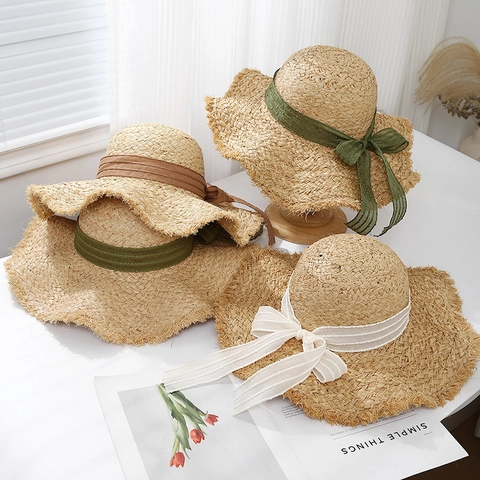 Women Straw Sun Hat Wide Brim Paper Woven Flat Top Ribbon Bow Fringed Edge Beach Holiday Breathable Adjustable