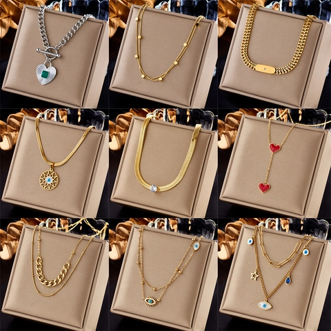 Vintage Stainless Steel Pendant Necklaces Evil Eye Heart Star Metallic Double Layer Snake Chain Fashion Jewelry For Women
