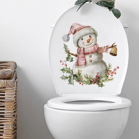 Kerstmis Sneeuwpop Toiletsticker Met Bel En Hulst Aquarel PVC Waterdicht Decor Voor Badkamer Thuis
