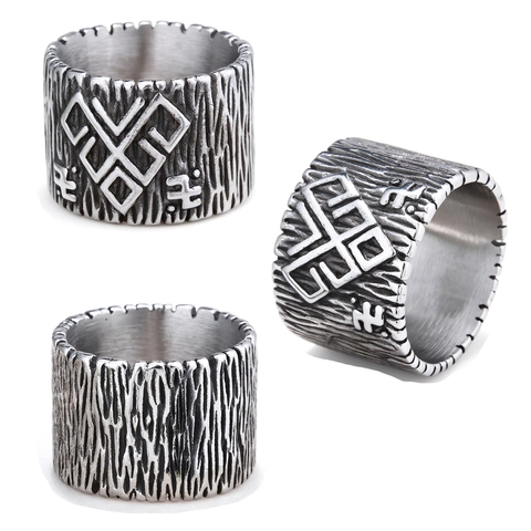 Viking Punk Wide Band Ring 316L Stainless Steel Bark Texture Tribal Rune Symbol Nordic Vintage Silver Jewelry