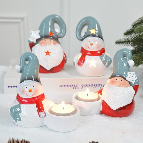 Santa Claus Gnome Snowman Ceramic Candlestick Hollow Star Atmosphere Light Christmas Desktop Ornaments Home Decoration