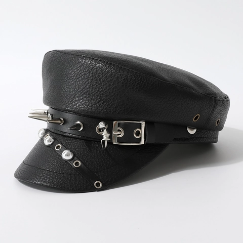 Chapeau Militaire Plat Punk Cuir PU Rivets Argentés Pointes Casquette Marin Style Gothique Rock Réglable
