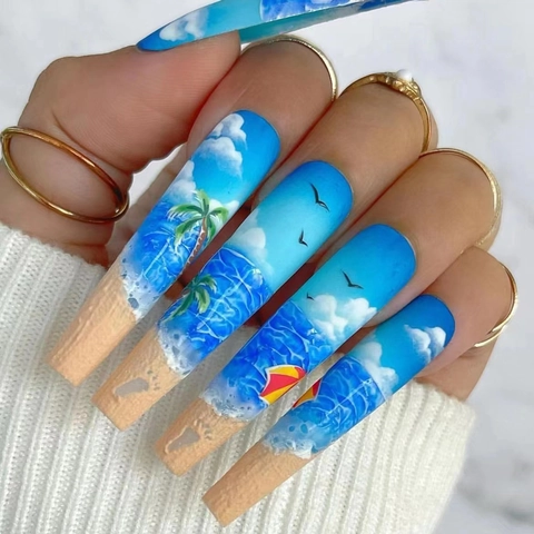 Uñas Postizas Largas Coffin Tema Playa Verano Estilo Pintado A Mano Patrón Océano Palmera Para Mujeres