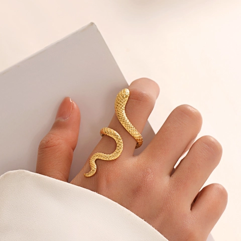 Anillo De Serpiente De Acero Inoxidable Chapado En Oro Ajustable Anillo De Dedo Abierto Joyería Moda Retro Punk Mujer