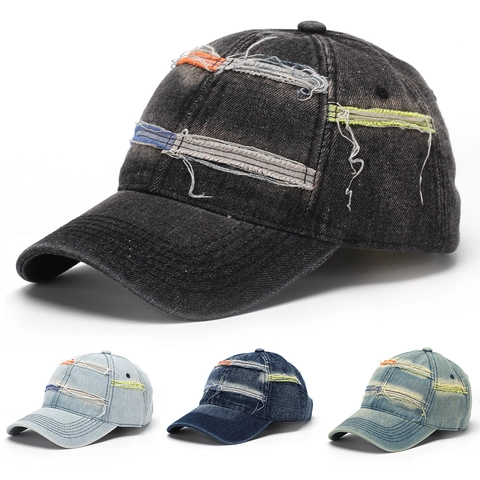 Baseball Cap Distressed Denim Ripped Washed Cotton Retro Streetwear Adjustable Sun Protection Outdoor Casual Hat