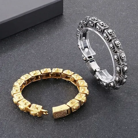 Retro Stainless Steel Skull Bracelet Men Punk Gothic Link Chain Cuboid 3D Relief Biker Jewelry