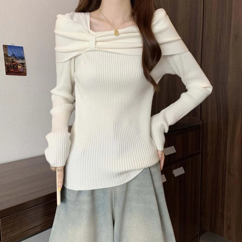Pull En Maille Côtelée Ajusté Femme Col Carré Épaules Dénudées Noeud Manches Longues Élégant En Viscose