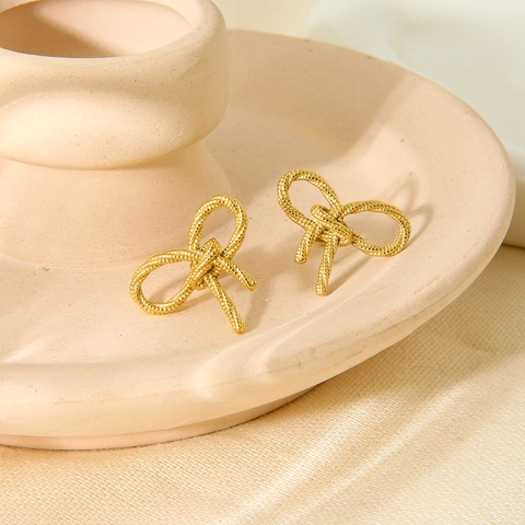 Ins Delicate Bow Stainless Steel Stud Earrings Gold Plated Tarnish Resistant Knot Texture Elegant Minimalist Jewelry For Women