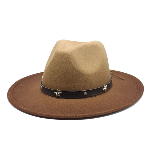 Breitkrempiger Fedora Hut Wollfilz Farbverlauf Patchwork Western Jazz Hut Mit Sternnieten Lederband Für Damen Herren