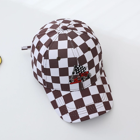Cappello Da Baseball In Cotone Per Bambini Motivo A Scacchi Ricamo Auto Da Corsa Regolabile