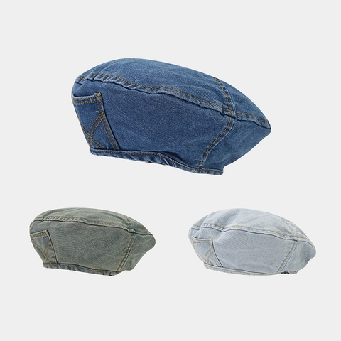 Vintage Gewassen Denim Baret Voor Dames Met Zijzak Decor Contraststiksel Retro Schilder Artist Pet