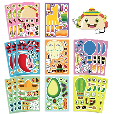 Mexicano Fiesta DIY Crea Una Cara Pegatinas Impermeable PVC Dibujos Animados Taco Sombrero Cactus Calavera Para Niños Fiesta Juegos Decoración