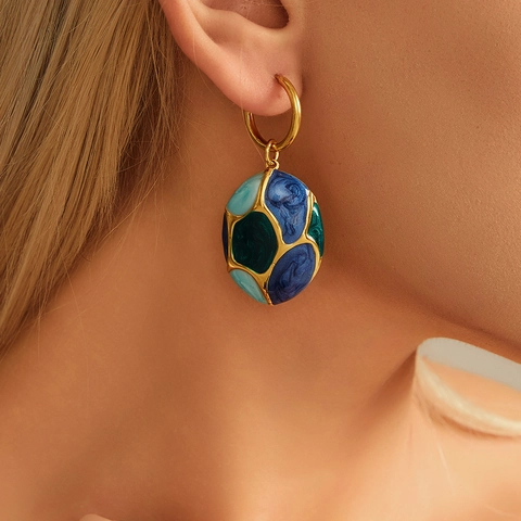 Orecchini Pendenti Ovali in Acciaio Inossidabile Smaltato Vintage per Donna Orecchini Geometrici Multicolore con Goccia d'Olio Gioielli