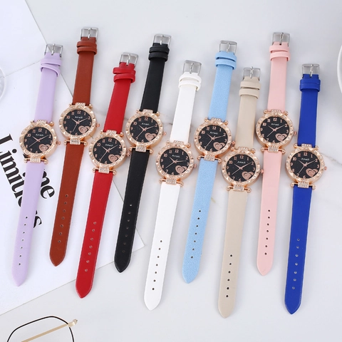 Orologio Al Quarzo Da Donna Quadrante Cielo Stellato Lunetta Con Strass Cinturino In Pelle Motivo A Cuore
