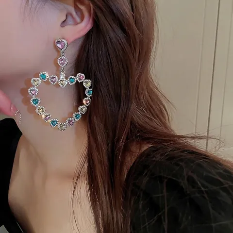 Exaggerated Hollow Heart Drop Earrings With Silver Earring Post Alloy Rhinestone Colorful Luxury Party Fashion For Women
