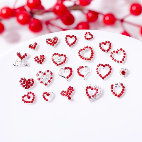 Breloques Pour Ongles En Forme De Coeur Strass Rouges Base En Alliage Argent Saint Valentin Décoration De Manucure DIY