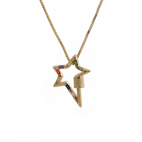 Bunter Zirkon Stern Herz Anhänger Halskette Kupfer Vergoldet Regenbogen Karabiner Schraubverschluss Box Kette Schmuck Damen